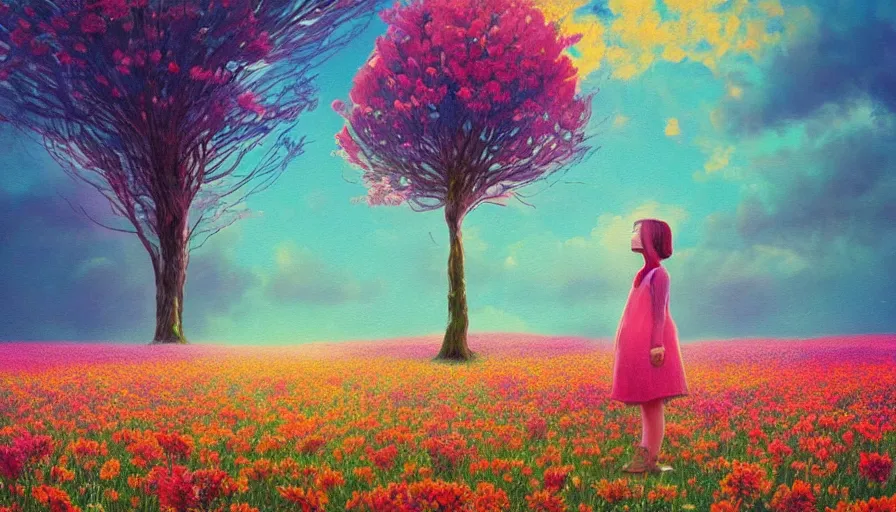 Image similar to girl with a flower face, surreal photography, manipulation, dream, standing in flower field, hills, big trees, sunrise dramatic light, impressionist painting, colorful clouds, digital painting, pointillism, artstation, simon stalenhag, flower