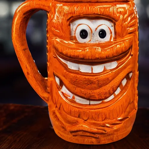 Image similar to a closeup photorealistic photograph of an orange cat garfield style tiki mug at a trader vic's bar with garfield's face on the front. tiki party. bright scene. fine detail. this 4 k hd image is trending on artstation, featured on behance, well - rendered, extra crisp, features intricate detail, epic composition and the style of unreal engine.