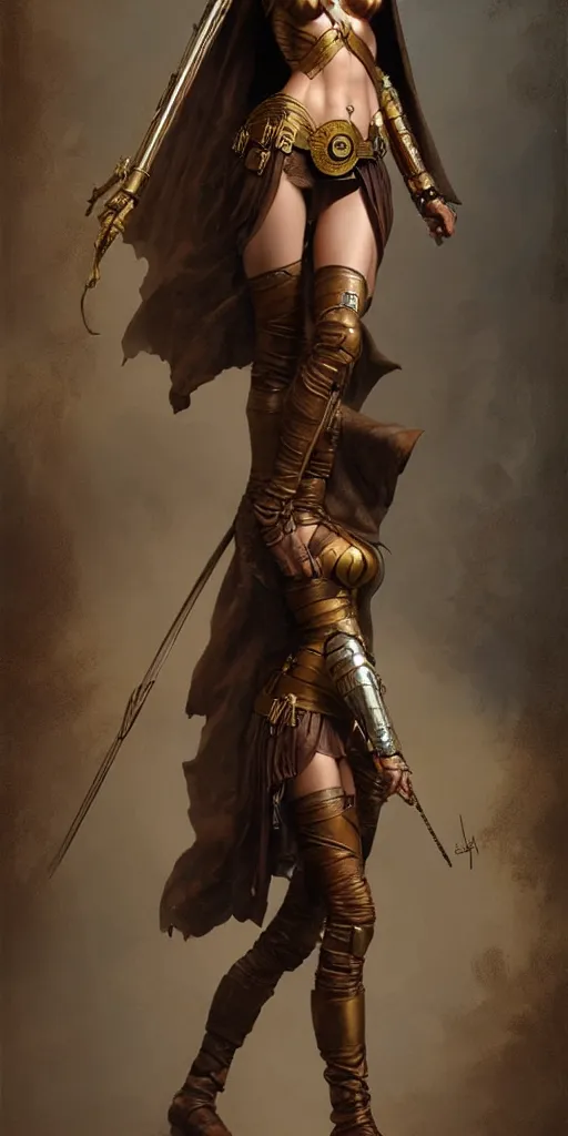 Image similar to highly detailed steampunk gal gadot standing, cape, bo staff : leonardo da vinci, greg rutkowski, magali villeneuve