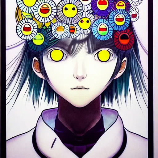 Prompt: prompt: Fragile looking soft light portrait face drawn by Takashi Murakami and Katsuhiro Otomo, inspired by Ghost in Shell anime, magical and alchemical objects on the side, soft light, monochrome background, intricate detail, intricate ink painting detail, sharp high detail, manga and anime 2000