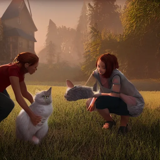 Image similar to two women playing with cats ; photorealistic ; unreal engine