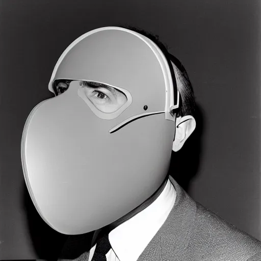 Image similar to man wearing a reel projector mask, in a suit, 1960 photograph