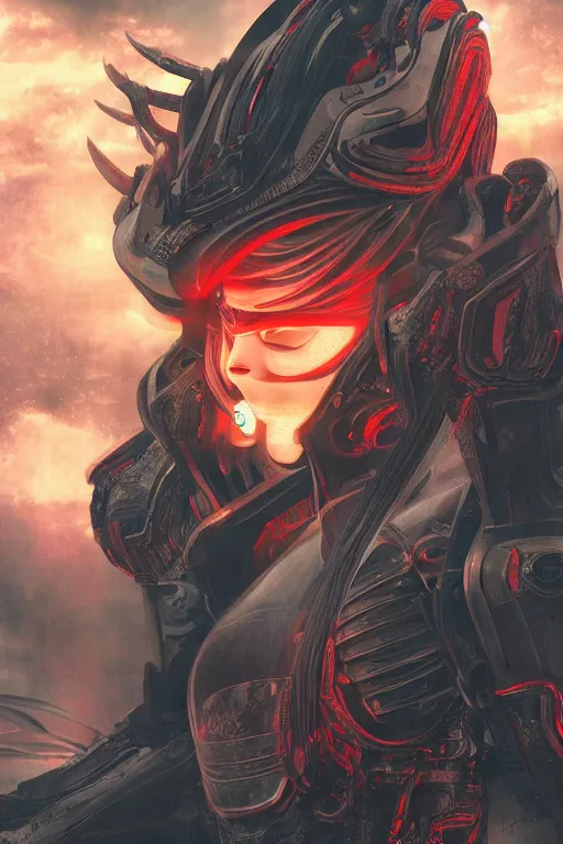 Image similar to akira from chinese mythology, hi - tech luciferian synthetic, gorgeous and huge head ornaments, dystopian, cyberpunk, mecha, cinematic dramatic light, ominous, intricate, studio, style depth of field lens flare leica zeiss detailed trending award winning on pixiv skeb