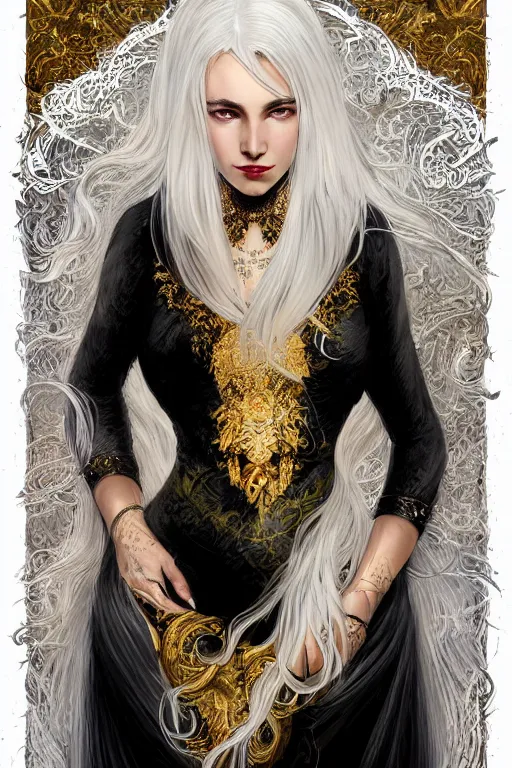 Prompt: fullbody!! of a beautiful woman with white hair, big natural horns on her head, long flowing intricate black lace dress, gold jewellery, dnd, face, fantasy, intricate, elegant, highly detailed, digital painting, artstation, concept art, smooth, sharp focus, illustration, art by artgerm and greg rutkowski and alphonse mucha