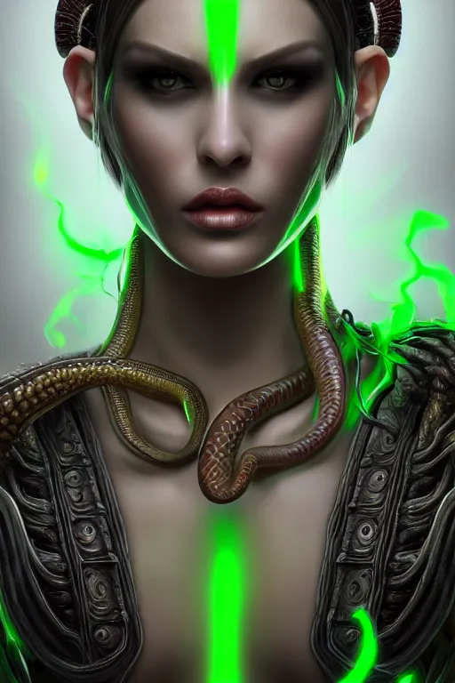 Image similar to beautiful super model gorgon, full body, diablo 4 white skin, euryale, green snake hair, half woman half snake, photorealistic art, symmetrical, trending on artstation, 8 k resolution