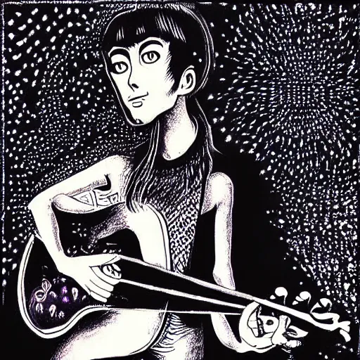 Prompt: black white purple painting on black paper, folkloric illustration , the guitar player , tarot by junji ito