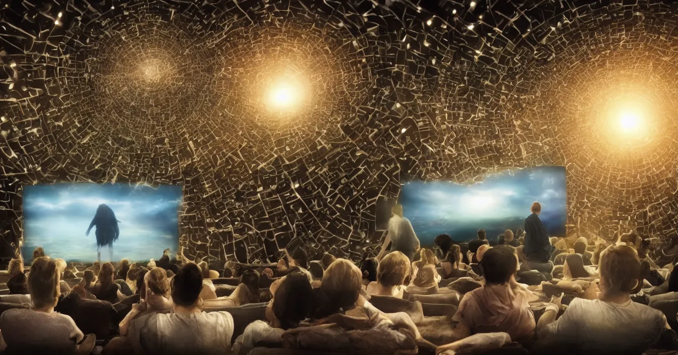 Image similar to Human egos are trapped in the illusion of physical reality, sitting in a movie theater, watching the light of consciousness project their lives onto a giant screen, realistic image full of sense of spirituality, life meaning, meaining of physical reality, happy atmosphere, render in Vray
