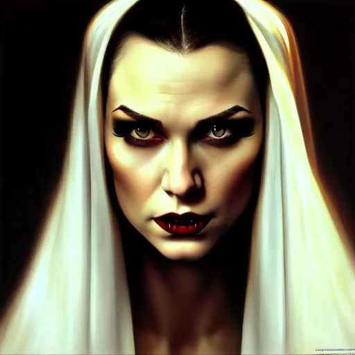 Image similar to close up face of a extremely beautiful bond female vampire portrait, Masterpiece, oil on canvas, artgerm, norman rockwell, craig mulins, trending on pxiv,