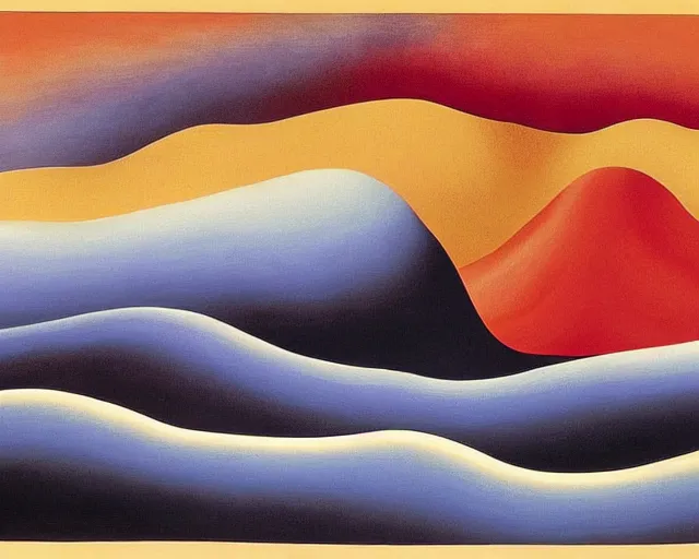 Image similar to An insane, modernist landscape painting. Wild energy patterns rippling in all directions. Curves, organic, zig-zags. Saturated color. Mountains. Clouds. Rushing water. Georgia O'Keeffe. Dali.