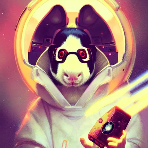 Image similar to cute anthropomorphic cyborg guinea pig full in kimono in a spaceship, body portrait, divine lightning, by greg rutkowski, by charlie bowater