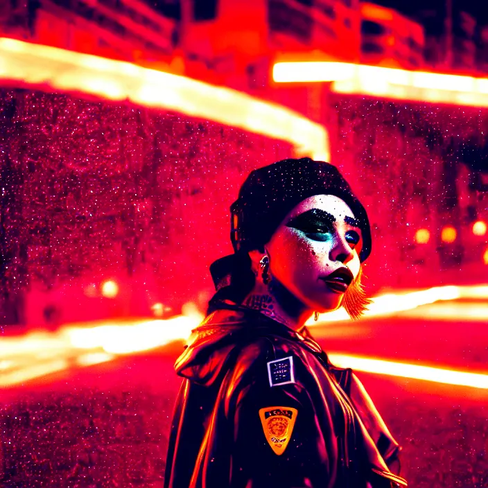 Image similar to a streetwear Studio Trigger style mixed woman wearing thick mascara, crying, a city on fire in the background, police lights shine on her face, tattoos, dark glitter, Cinestill 50d, 4k, 8k, hd, full color, octane render, trending on artstation, highly detailed