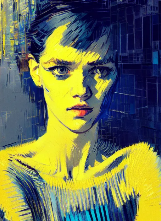 Image similar to portrait of a beautiful girl, new york backdrop, sad, shades of blue and yellow, beautiful face, rule of thirds, intricate outfit, spotlight, by greg rutkowski, by jeremy mann, by francoise nielly, by van gogh, digital painting