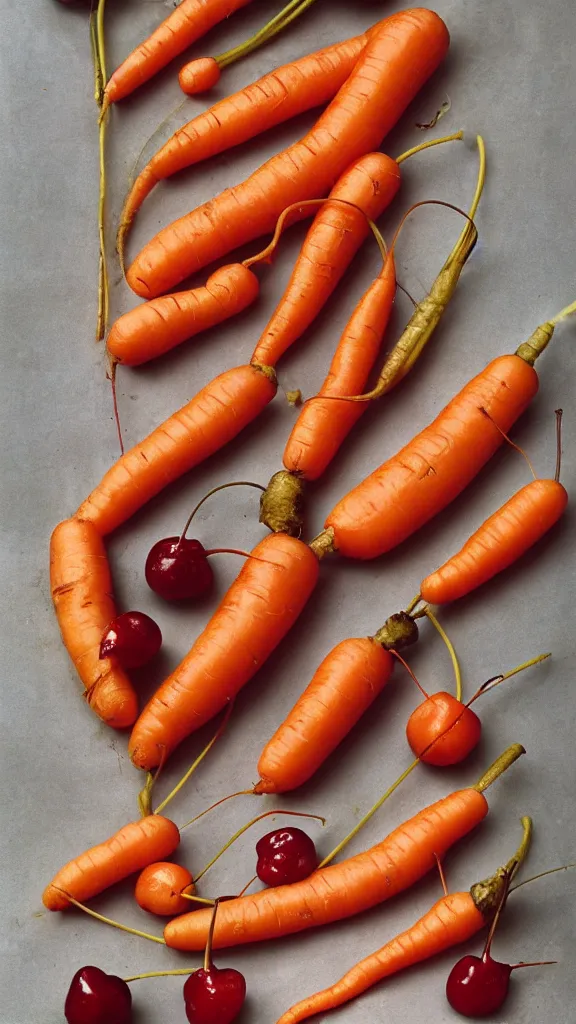 Image similar to 1 9 7 0 s food photography of carrot and cherries in the shape of a man