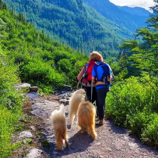 Prompt: cute dog with owner in a beautiful mountain hike picturesque