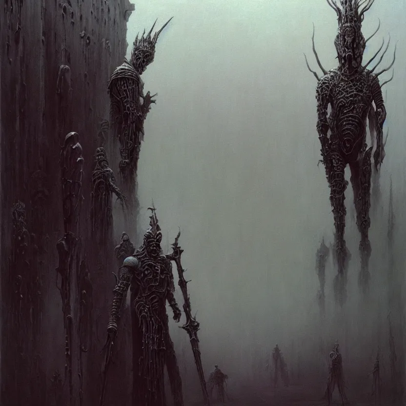 Prompt: art by Zdzislaw Beksinski detailed painting of a tall armored undead emperor, ancient king who is dead yet dreaming, intricate matte painting background, elegant horror artwork, many colors in eldritch nightmare, luxurious, ominous, 4k, cinematic, by Yoshitaka Amano, horizontally symmetrical, by Wayne Barlowe, trending on Artstation