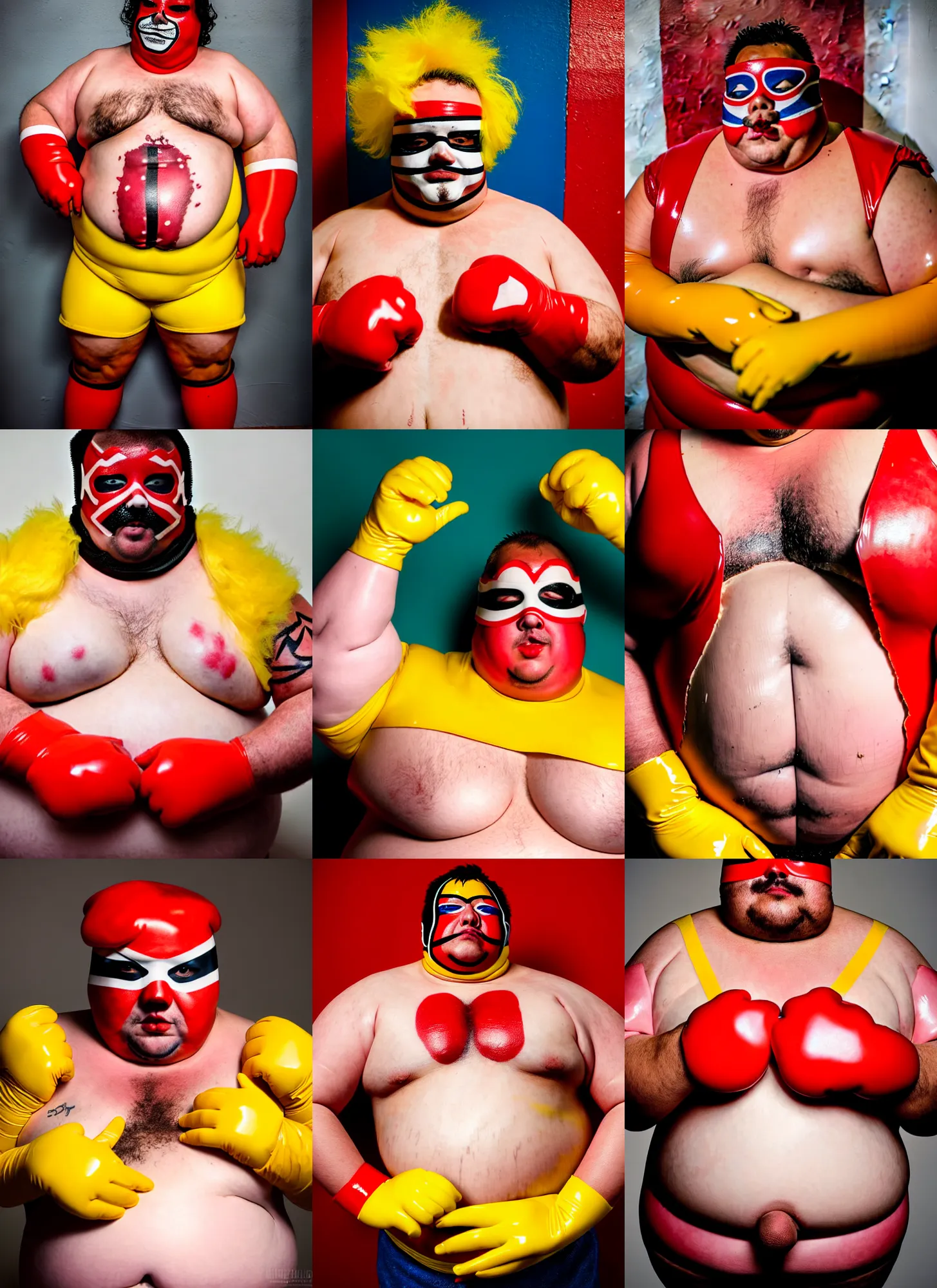 Prompt: portrait of a very chubby looking Lucha libre bare chest with a hamburger tattoo, red and white color stripe latex sleeves, yellow latex gloves, red Ronald McDonald messy hair