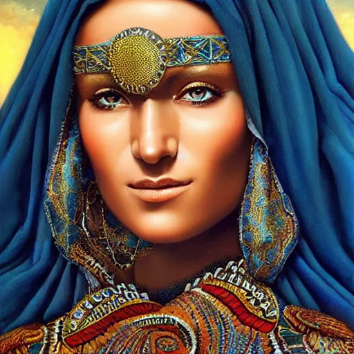 Prompt: a beautiful touareg algerian woman by karol bak, ayami kojima, artgerm, sakimichan, arabian beauty, blue eyes, smile, concept art, fantasy