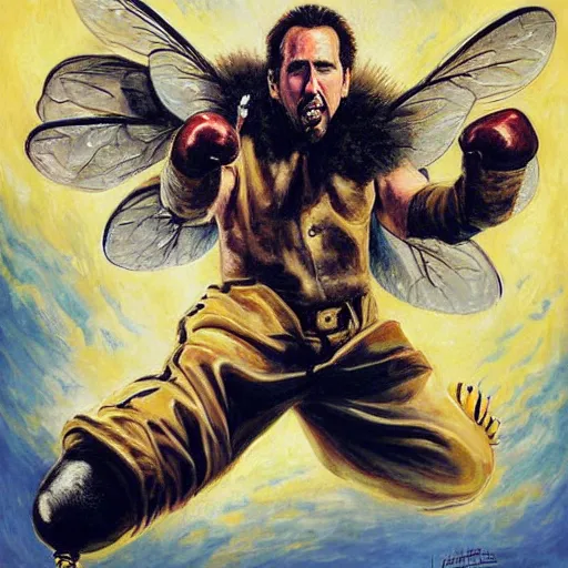 Image similar to Nicholas cage punching a giant bee, painted by james gurney