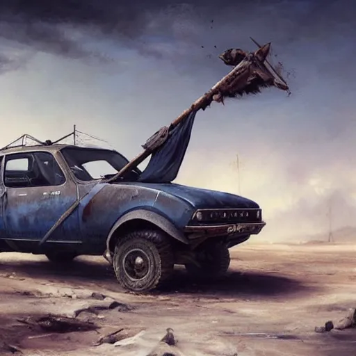 Image similar to a Dacia 1310 car in Mad Max, coriolios rpg art style, full of details, dark sci-fi, cold blue colors, matte painting, artstation, 8k, hyperrealistic, style of peter mohrbacher