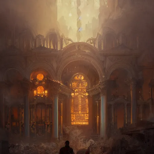 Prompt: portrait of a pipe organ facade surrounded by smoke, battle damage, sunset glow around the ceiling, full body portrait, intricate, elegant, highly detailed, digital painting, artstation, concept art, smooth, sharp focus, illustration, art by goya and greg rutkowski and alphonse mucha, background is a city in ruins, no people