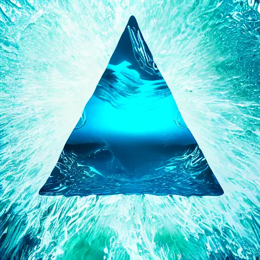 Image similar to water artwork manipulation inside the shape of a downward - facing triangle, on the ocean water, spiral, ray tracing, realistic water, focus, long shot, 8 k resolution, cinematic, water art photoshop