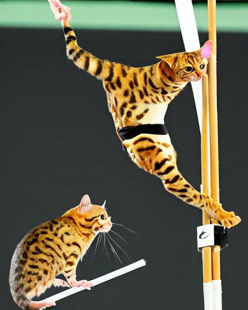 Image similar to A mouse performing a pole vault at the Olympics over a a hungry Bengal Cat, photoreal