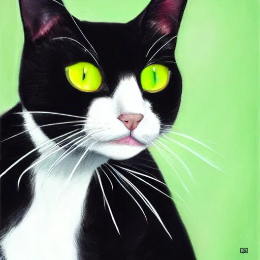 Prompt: a portrait of a beautiful black and white cat wearing a tuxedo with colorful bright green eyes, hd, 8k, hyper-realism,