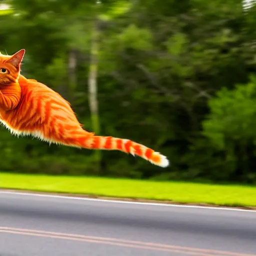 Image similar to a very fast orange cat flying through the road, high definition, beautiful award winning photography, 8 k.