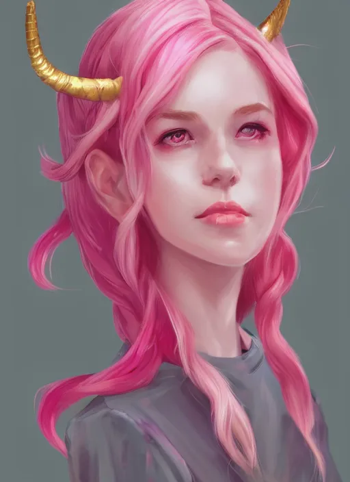 Image similar to a highly detailed illustration of cute smug pink haired pale girl with horns wearing great pink dress, dramatic smirk pose, intricate, elegant, highly detailed, centered, digital painting, artstation, concept art, smooth, sharp focus, league of legends concept art, wlop.