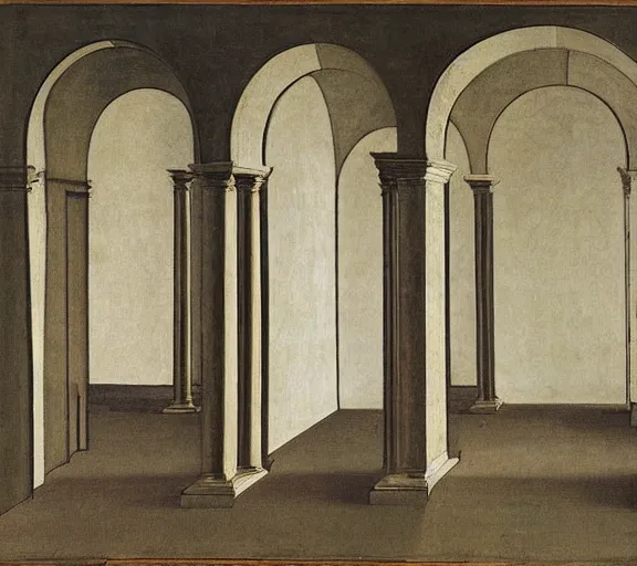 Prompt: drawing of the backrooms by piero della francesca