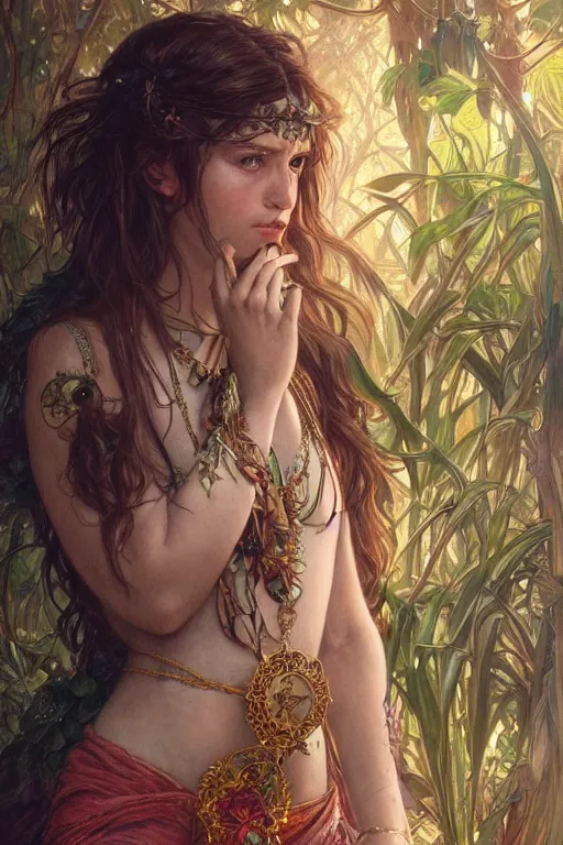 Prompt: ultra realistic illustration, bohemian girl in jungle wearing amulet of power, intricate, elegant, highly detailed, digital painting, artstation, concept art, smooth, sharp focus, illustration, art by artgerm and greg rutkowski and alphonse mucha