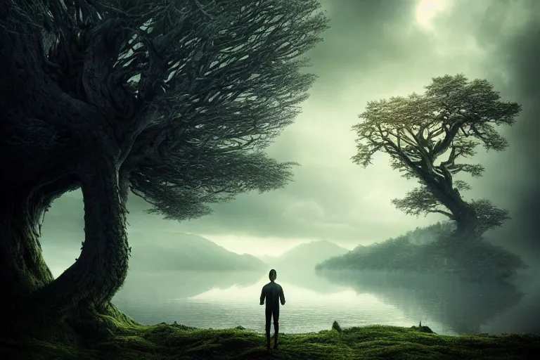 Image similar to an ultra realistic, cinematic headshot portrait, of an evil tree wizard, background of a vast serene landscape, with trees and rivers, detailed, deep focus, movie still, dramatic lighting, ray tracing, by michal karcz and yoshitaka amano