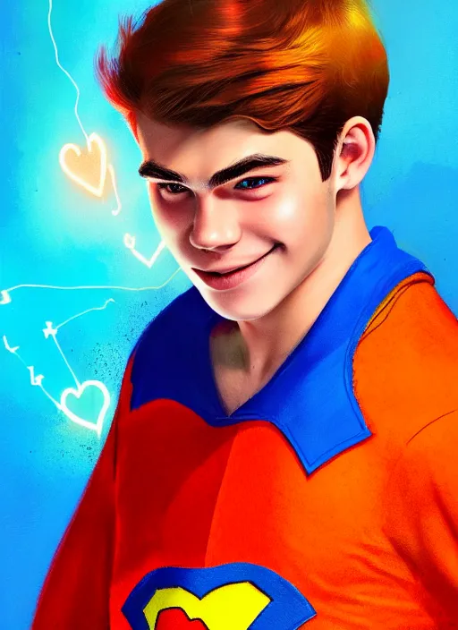 Image similar to friendly teenage archie andrews wearing an orange superhero costume with heart logo, heart, freckles, blue cape, heart emblem on chest, blue cape, intricate, elegant, glowing lights, highly detailed, digital painting, artstation, sharp focus, illustration, art by wlop, mars ravelo and greg rutkowski