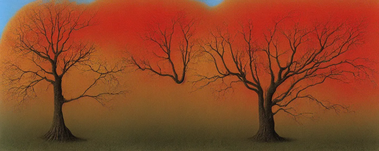 Prompt: mystic tree with red and yellow leaves made by zdzisław beksinski