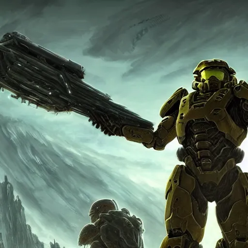 Prompt: doom eternal concept art of the Master Chief from Halo, hyperdetailed