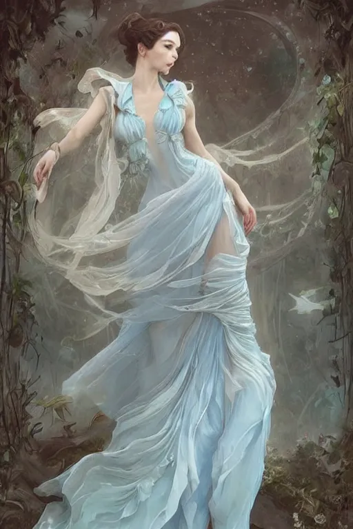 Prompt: beautiful!!! woman dressed in a vaporous wrapped large victorian pale blue roses silk semi-transparent dress fashion is running, fantasy, intricate, elegant, highly detailed, digital painting, trending on artstation, concept art, matte, sharp focus, illustration, art by Artgerm and Greg Rutkowski and Alphonse Mucha, instagram model