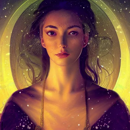 Image similar to epic portrait goddess of space, beauty, pretty face, glossy skin, dark, stars, glowing, digital painting, artstation, concept art, soft light, hdri, smooth, sharp focus, illustration, fantasy, intricate, elegant, highly detailed, D&D, matte painting, in the style of Greg Rutkowski and Alphonse Mucha and artemisia, 8k, highly detailed, jurgens, rutkowski, bouguereau, pastoral, rustic, georgic