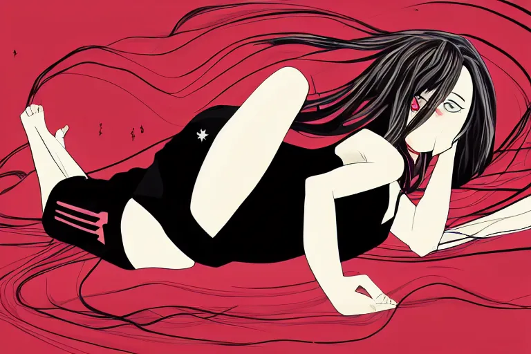 Prompt: a girl laying in an artsy pose, wearing a black outfit with red trim, vector shaded anime style, detailed anime digital art, 4 k