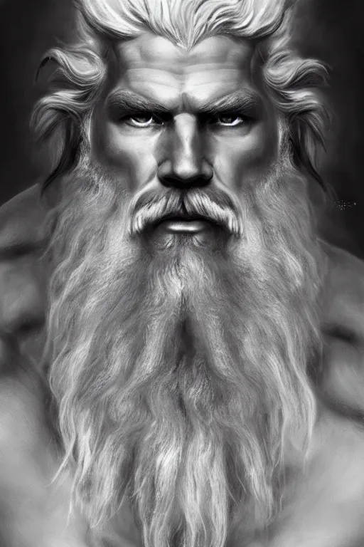 Image similar to painted portrait of rugged zeus, god of thunder, greek god, white hair, masculine, powerful, handsome, opulent, upper body, white robe, muscular, hairy torso, fantasy, intricate, elegant, highly detailed, digital painting, artstation, concept art, smooth, sharp focus, illustration, art by gaston bussiere