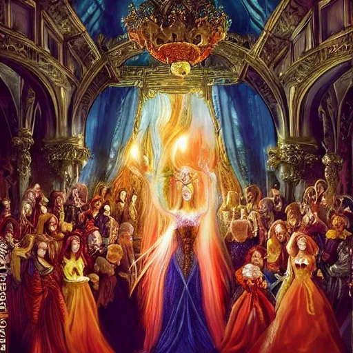 Image similar to Fantastic, fairytale painting, Beautiful, sorceress, long flowing red hair, light emitting from fingertips, hovering, ornate gown, royalty, surrounded by a crowd of people, onlookers, kingdom, royal court