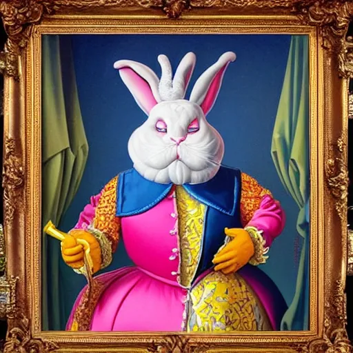 Prompt: baroque rococo pastel anthromorphic regal male fat king rabbit Greg Hildebrandt Lisa frank portrait