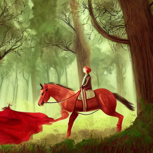 Image similar to a little red riding a horse through a forest, a storybook illustration by nina tryggvadottir, pixiv contest winner, environmental art, 2 d game art, storybook illustration, concept art