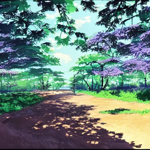 Prompt: deep muddy forest on a sunny day walkway panorama, blooming, very traditional gouache painting gouache by makoto shinkai pixar kyoto animation