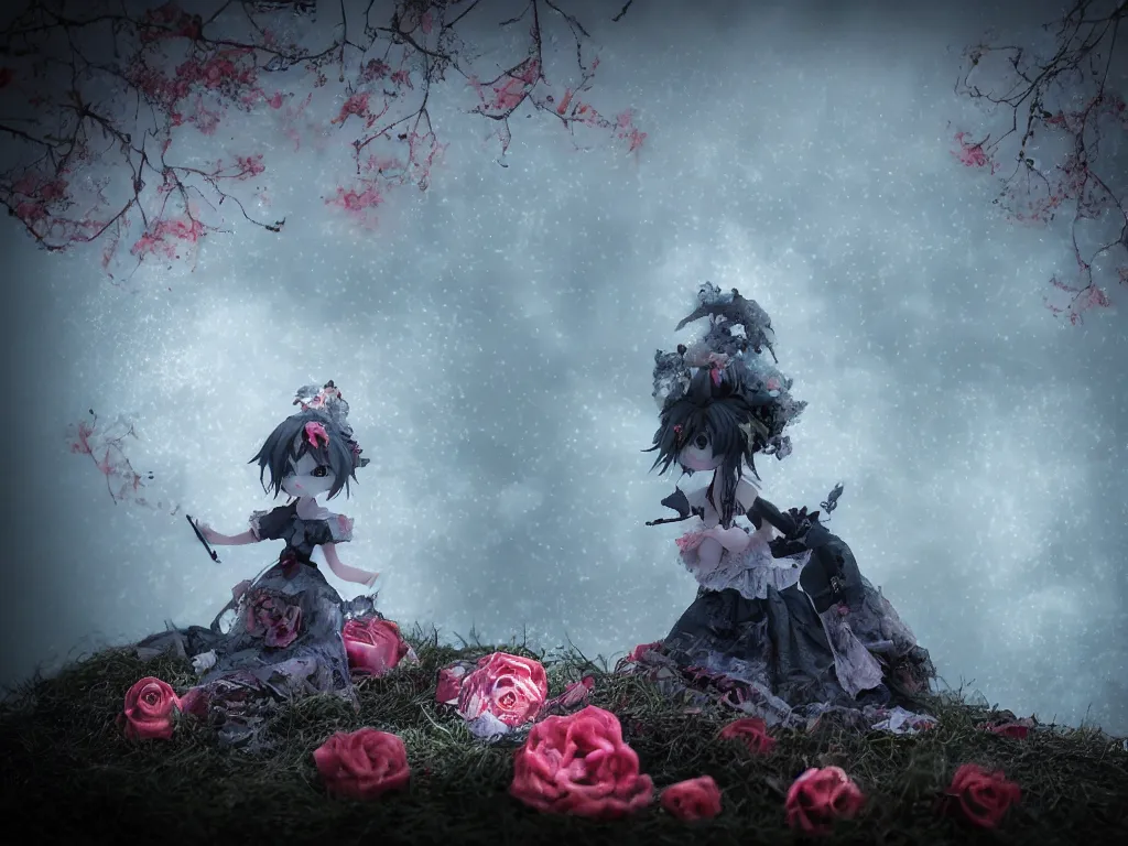 Image similar to cute fumo plush of a gothic maiden girl clutching lots of decayed roses, stale twilight, swirling vortices of emissive smoke and volumetric fog over the river, bokeh, vignette, vray