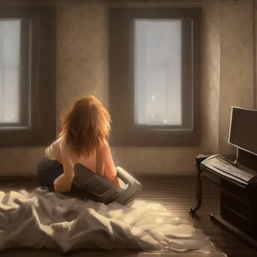 Image similar to Epic portrait a woman playing videogames in her room during nighttime, blurred backround, city window view, white t shirt and brown bang hair, digital painting, artstation, concept art, soft light, hdri, smooth, sharp focus, illustration, fantasy, intricate, elegant, highly detailed, D&D, matte painting, in the style of Greg Rutkowski and Alphonse Mucha and artemisia, 8k, highly detailed, jurgens, rutkowski, bouguereau, pastoral, rustic, georgic