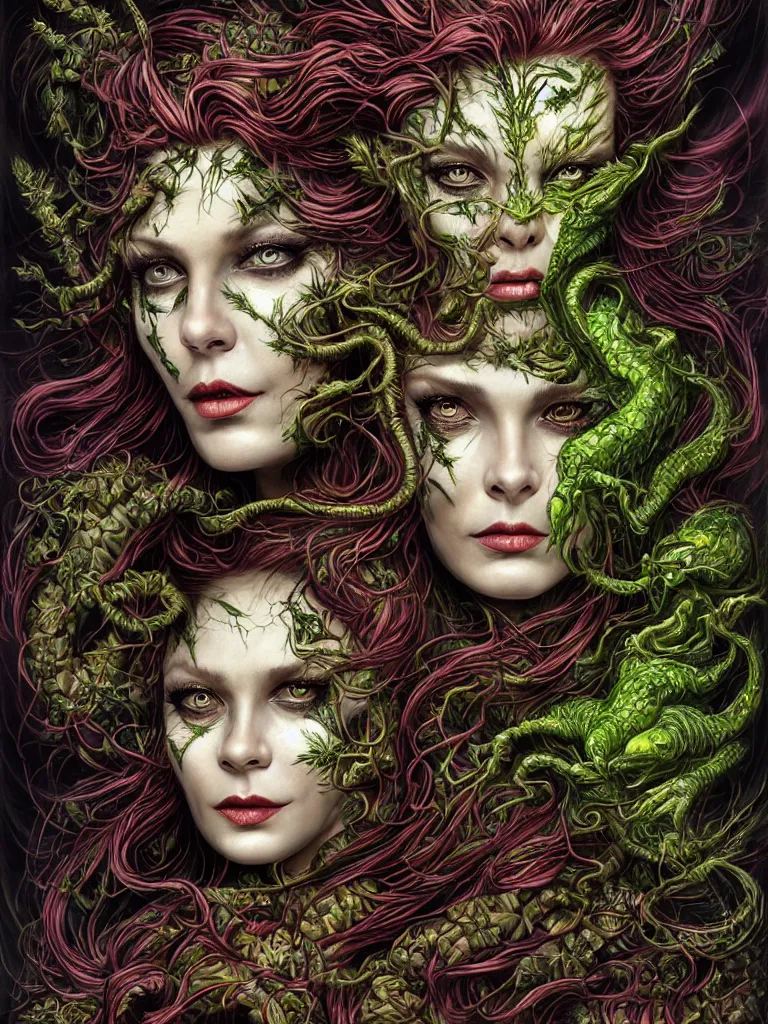 Image similar to single face portrait. complex hyper-maximalist overdetailed cinematic cosmic scifi portrait of an elegant very attractive but wild and dangerous reptilian goddess by andrei riabovitchev, tomasz alen kopera, oleksandra shchaslyva. Omnious intricate. Secessionist portrait illustration. Poison goddes. Slightly Reminds to poison ivy. Focus on face. Artstation. Deviantart. 8k 4k 64megapixel. Rendered by binx.ly.