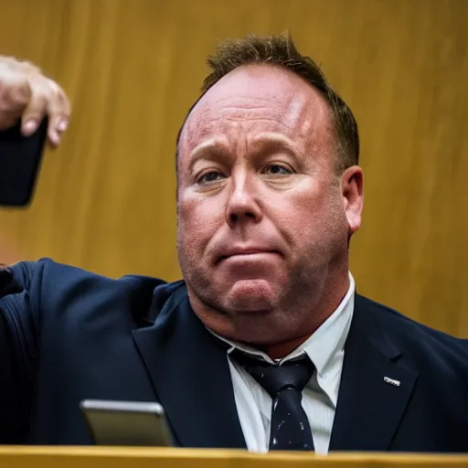 Image similar to Alex Jones desperately reaching for his out of reach phone in the courtroom, (EOS 5DS R, ISO100, f/8, 1/125, 84mm, RAW, sharpen, unblur)