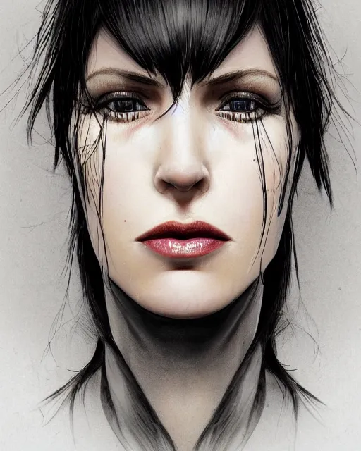 Image similar to portrait of a tall 4 0 - year - old woman with thin lips, heavy - lidded eyes, a strong jaw and long, thick shining black hair, thick eyebrows and long eyelashes, wearing in black clothes, hyper realistic face, beautiful eyes, character art, art by mark brooks, hyperdetailed, cryengine, trending on artstation, digital art