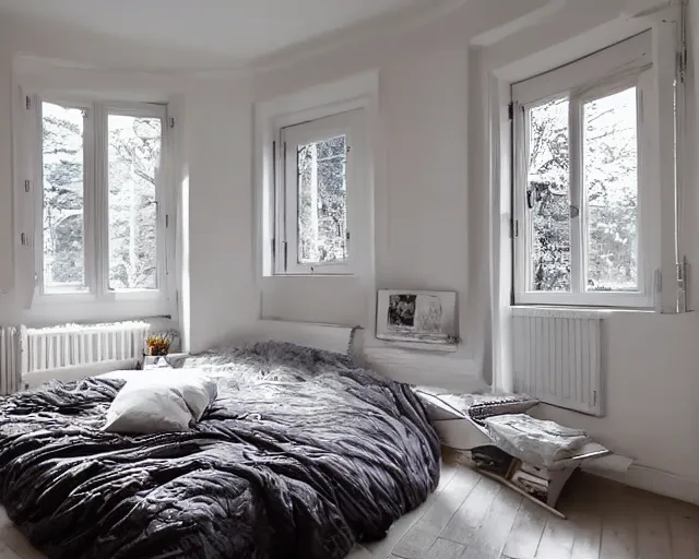 Prompt: A photograph of a cosy bedroom, light shinning from the window, relaxing, calming