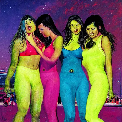 Image similar to neon yellow by peter elson calm. the photograph is a beautiful work of art. the three graces are depicted as beautiful young women, each with their own unique charms. the photograph is full of color & life, & the women seem to radiate happiness & joy.